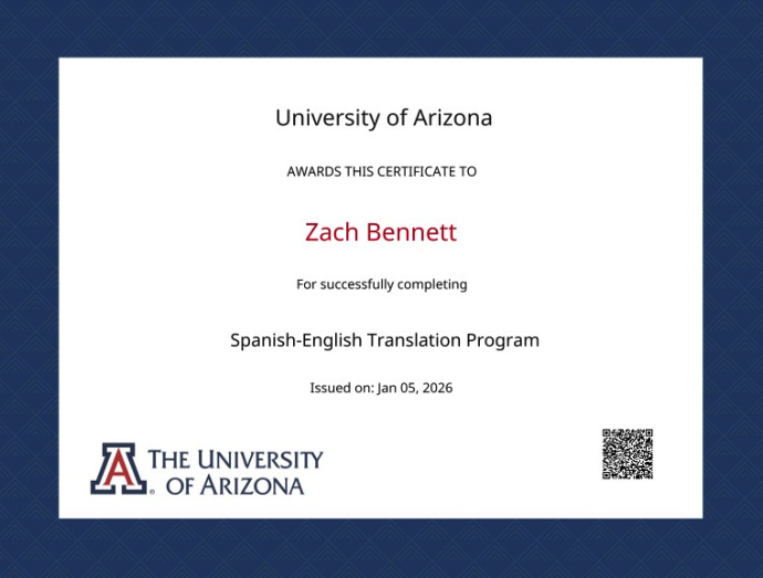 University of Arizona Spanish-English Translation Program certificate