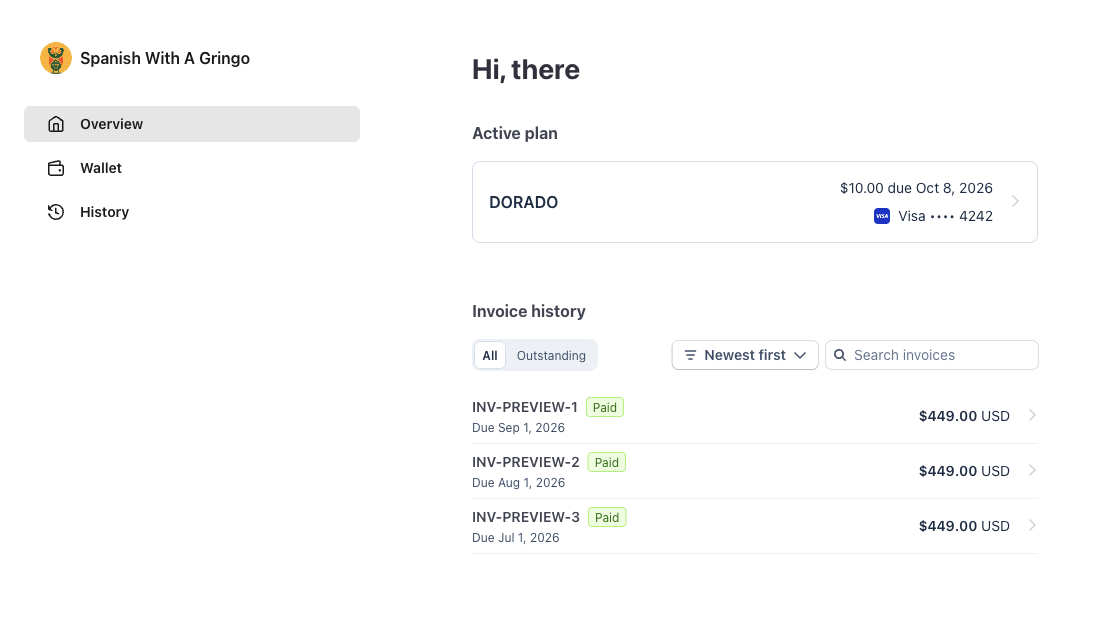 Spanish With A Gringo billing page showing the active plan and invoice history